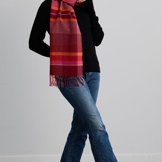  baby alpaca scarf - red pink plaid - fair trade - ethically made - fair indigo