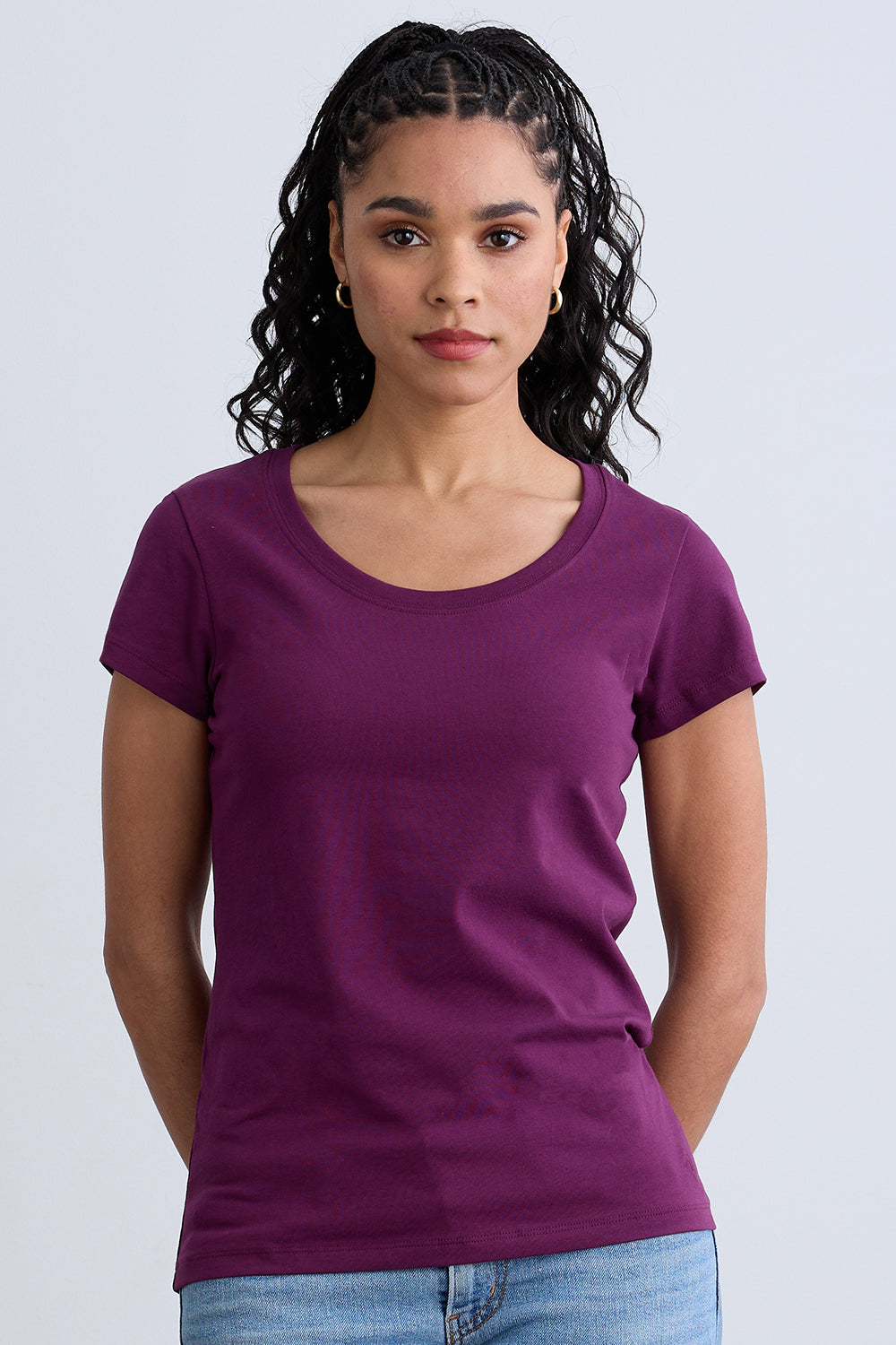 womens organic cotton scoop neck tee - plum purple - fair indigo fair trade ethically made