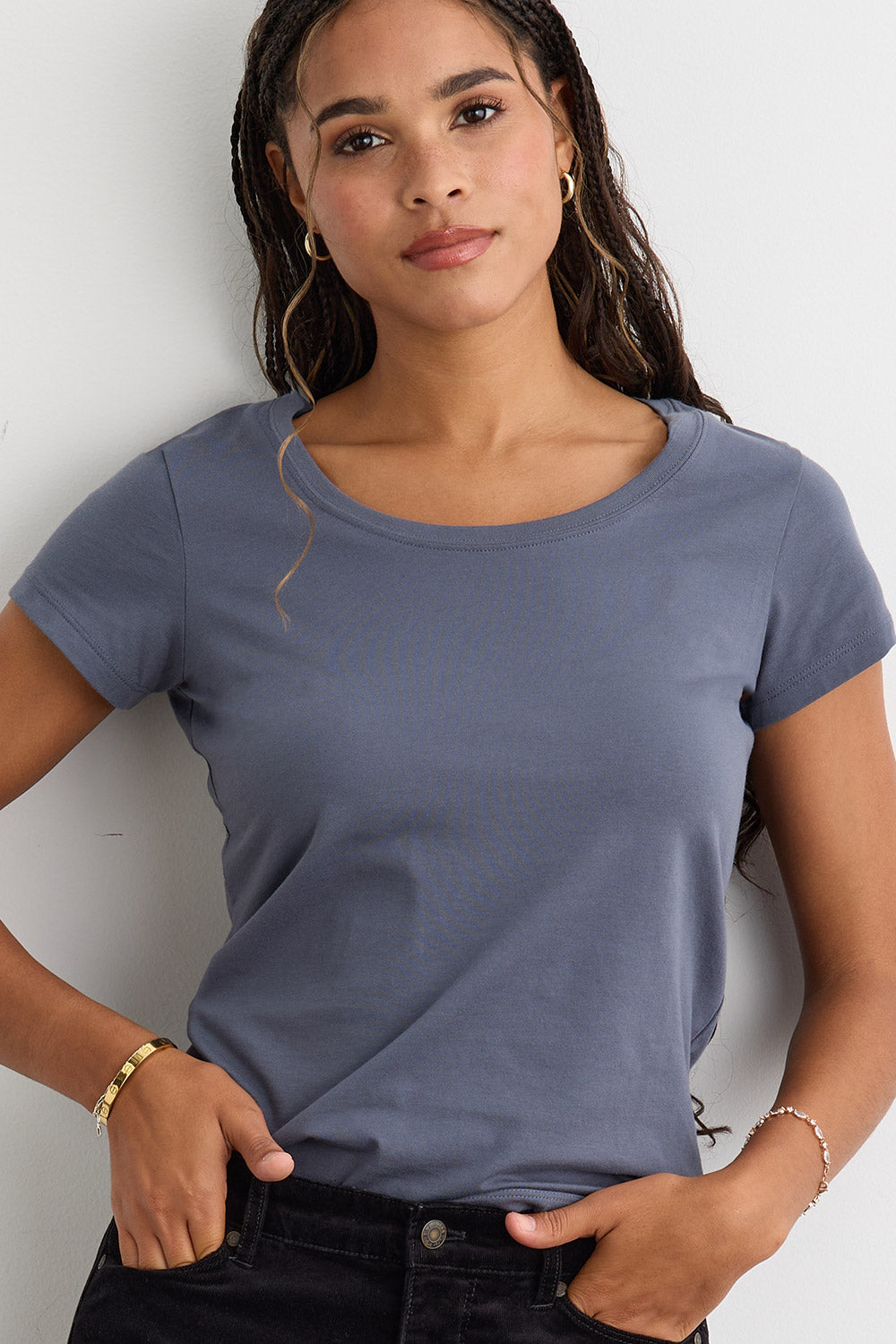 womens organic cotton scoop neck tee - slate blue grey - fair indigo fair trade ethically made