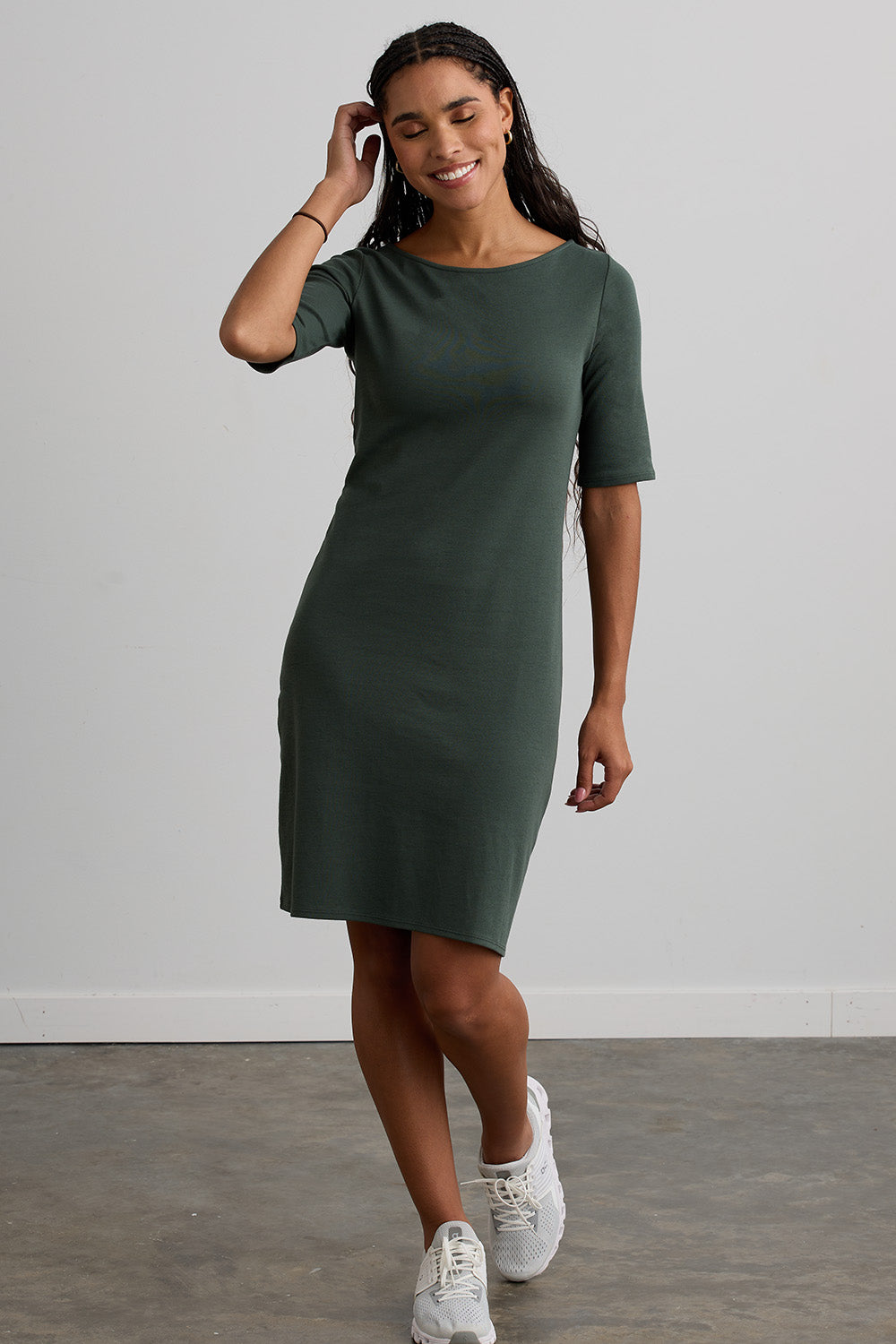 womens organic half sleeve boat neck dress- balsam green - fair trade ethically made