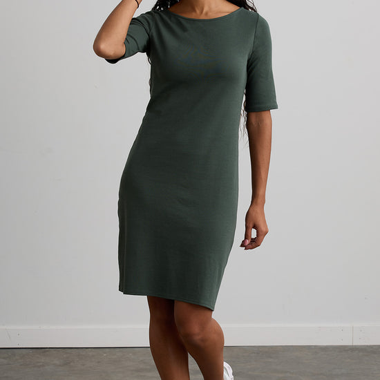 womens organic half sleeve boat neck dress- balsam green - fair trade ethically made
