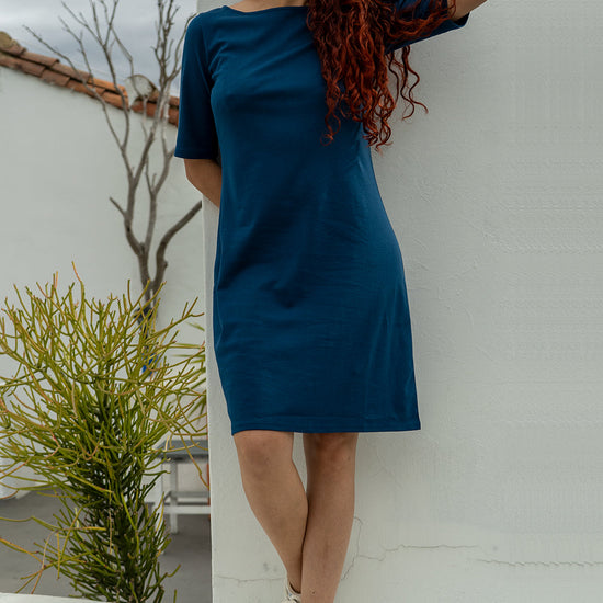 womens organic elbow sleeve boat neck dress- peacock blue - fair trade ethically made