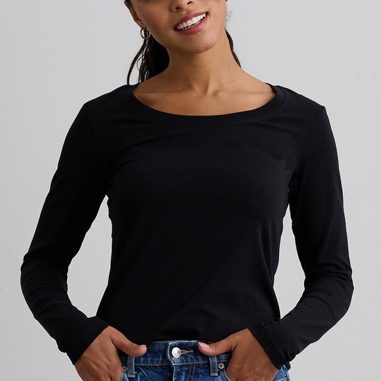 womens organic cotton long sleeve scoop neck tee - black - fair indigo fair trade ethically made