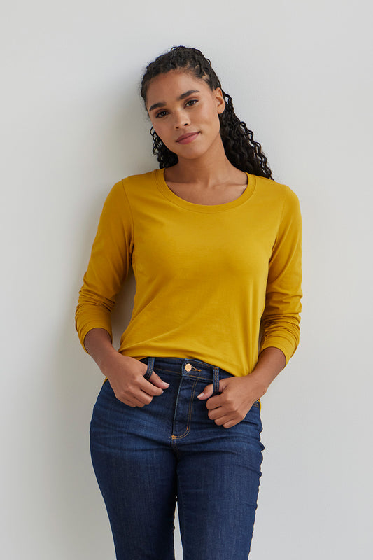 womens organic cotton long sleeve scoop neck tee - mustard yellow - fair indigo fair trade ethically made
