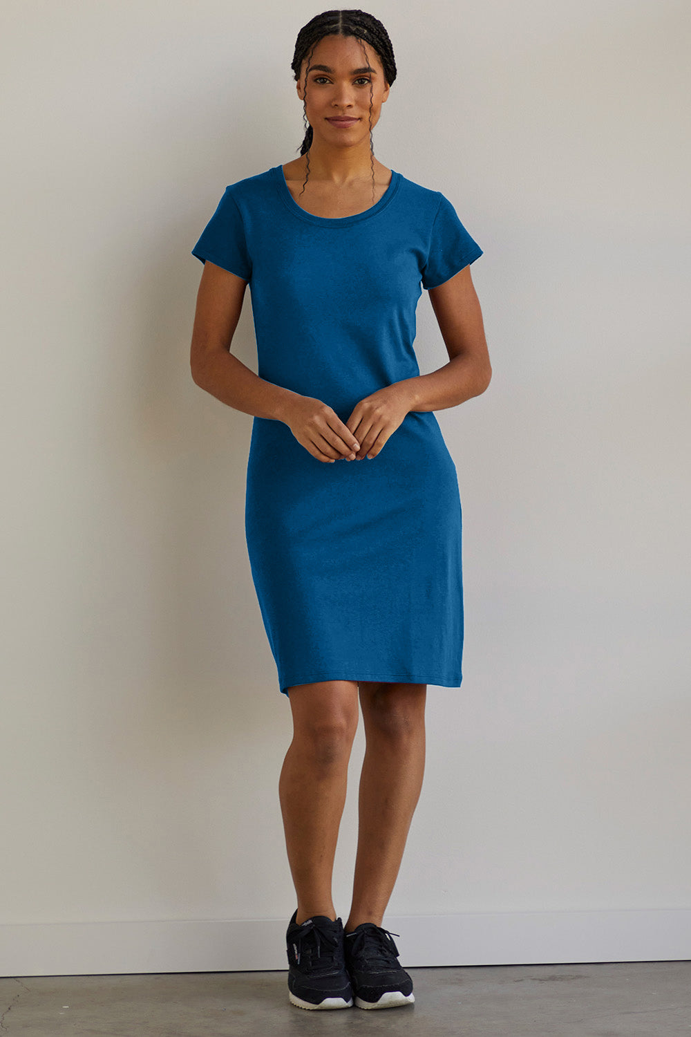 womens 100% organic cotton t-shirt dress - peacock blue - fair indigo fair trade ethically made
