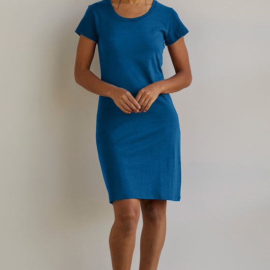 womens 100% organic cotton t-shirt dress - peacock blue - fair indigo fair trade ethically made
