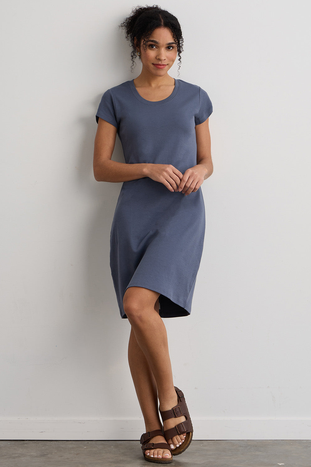 womens 100% organic cotton short sleeve t-shirt dress - slate blue - fair indigo fair trade ethically made