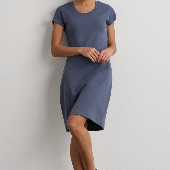 womens 100% organic cotton short sleeve t-shirt dress - slate blue - fair indigo fair trade ethically made