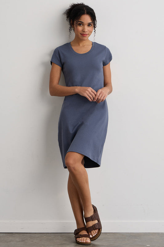 womens 100% organic cotton short sleeve t-shirt dress - slate blue - fair indigo fair trade ethically made