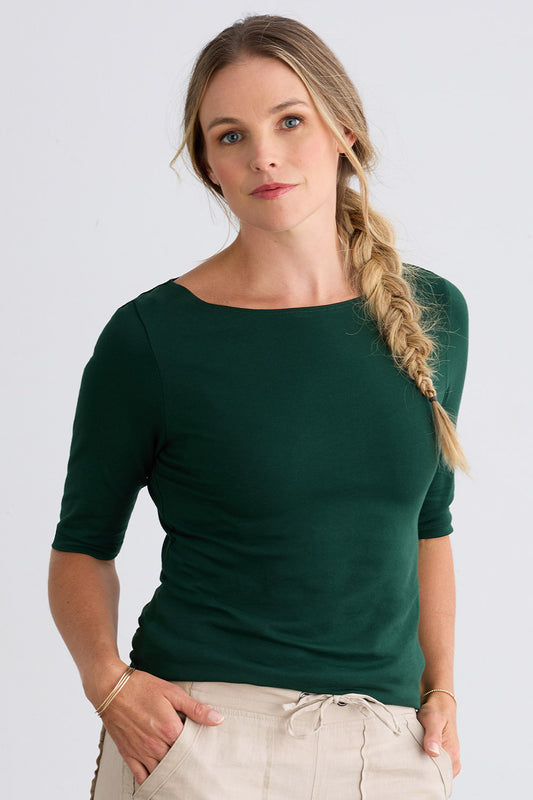 womens organic boat neck t-shirt- dark pine green - fair trade ethically made