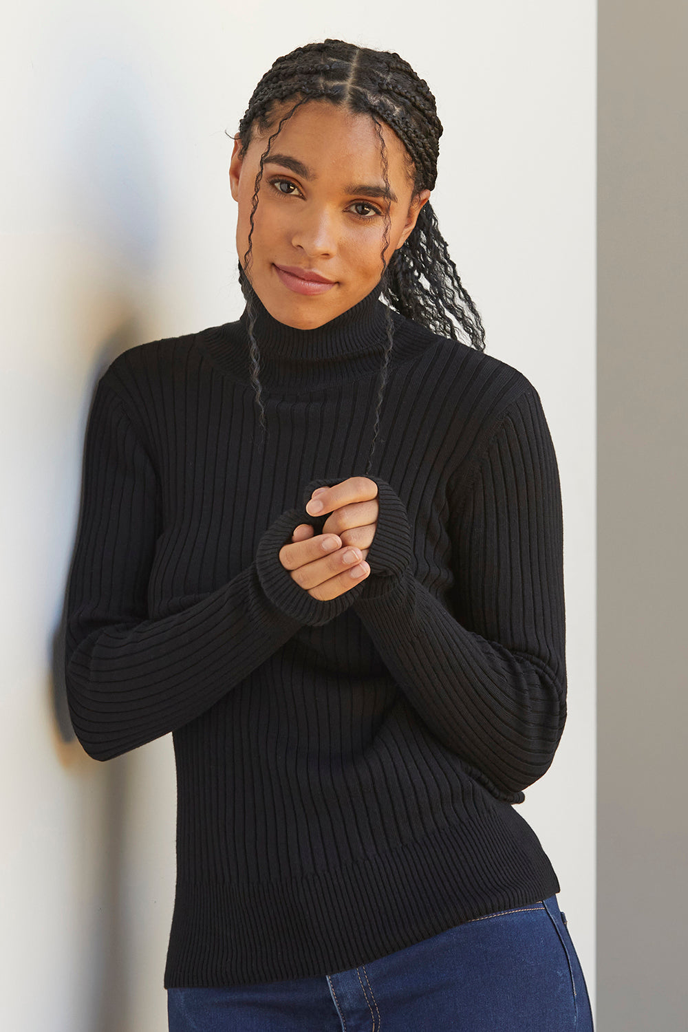 womens organic ribbed turtleneck sweater- black - fair trade ethically made