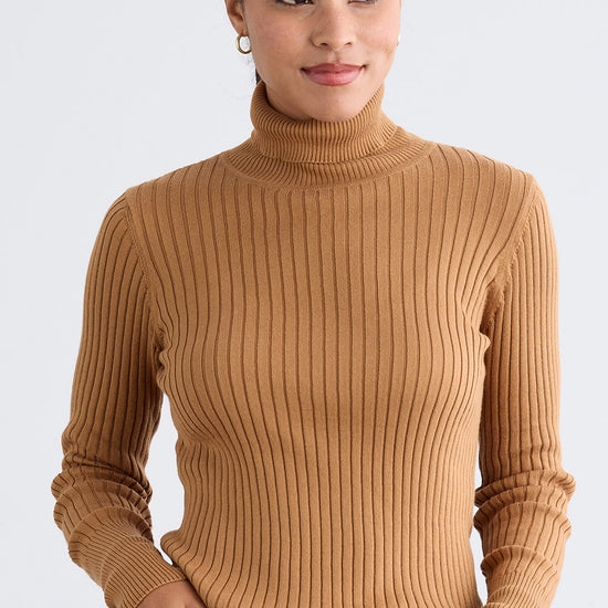 womens organic cotton ribbed turtleneck sweater- camel brown - fair trade ethically made