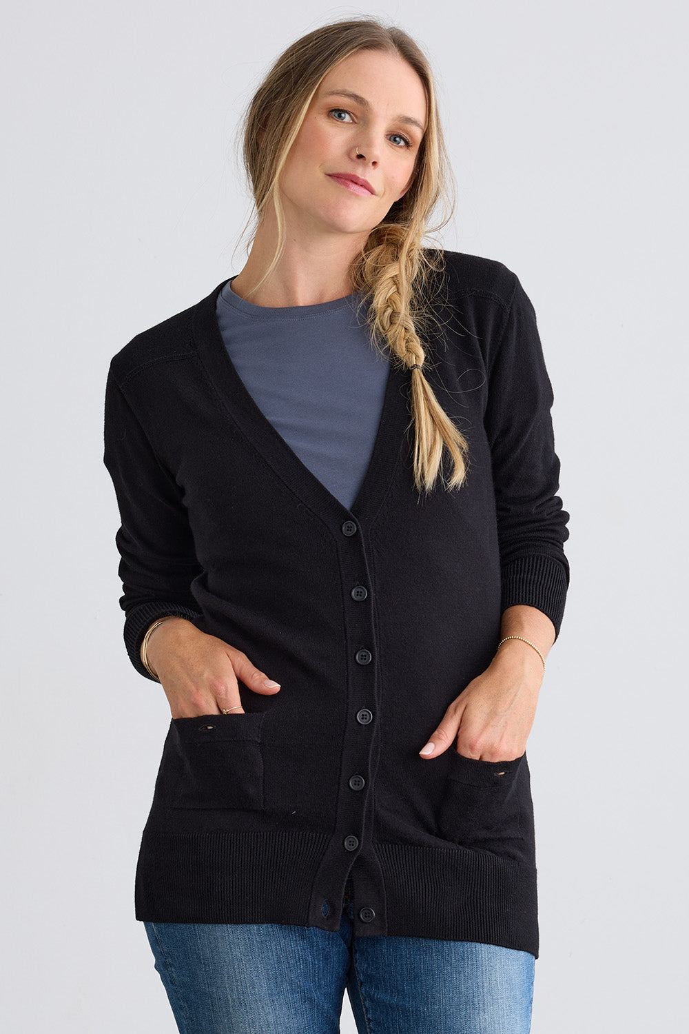 womens 100% organic cotton boyfriend cardigan sweater - black - fair trade ethically made
