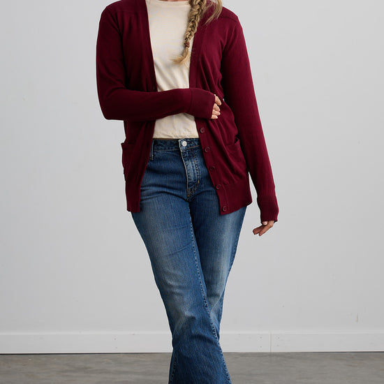 womens 100% organic cotton boyfriend cardigan - wine burgundy - fair trade ethically made