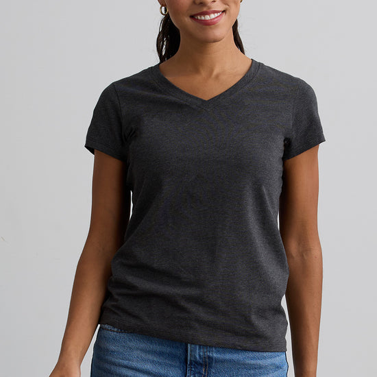womens organic v-neck t-shirt - dark charcoal heather grey - fair indigo fair trade ethically made