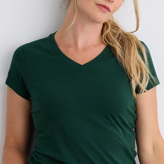 womens organic v-neck t-shirt - dark pine green - fair indigo fair trade ethically made