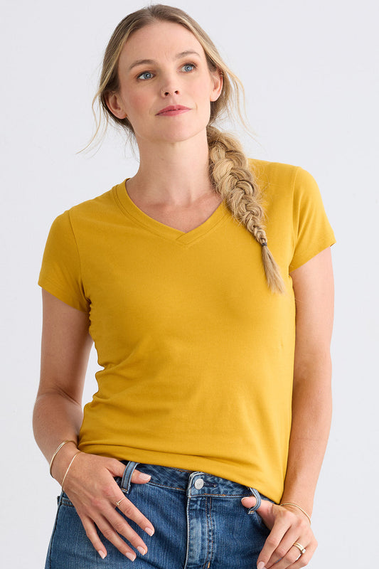 womens organic pima cotton v-neck tee - mustard yellow - fair indigo fair trade ethically made