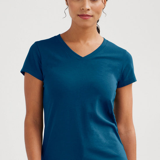 womens organic v-neck t-shirt - peacock blue - fair indigo fair trade ethically made
