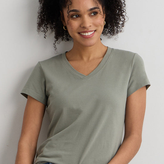 womens organic pima cotton v-neck tee - sage green - fair indigo fair trade ethically made