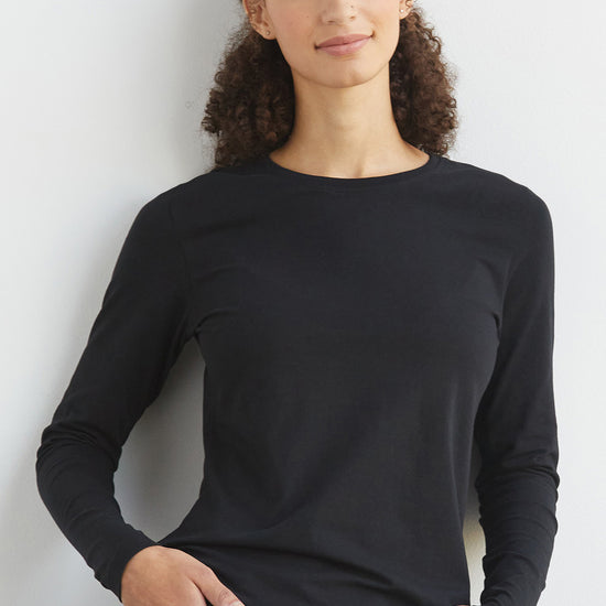 womens organic pima cotton long sleeve crew neck t-shirt - black - ethically made fair trade clothing - fair indigo