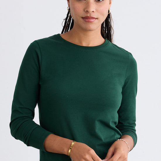 womens organic blend long sleeve crew neck t-shirt - dark pine green - fair indigo fair trade sustainable