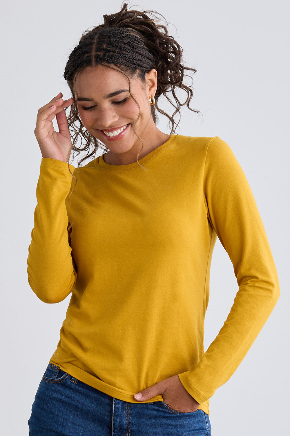 womens organic long sleeve crew neck tee - mustard yellow - fair indigo fair trade sustainable