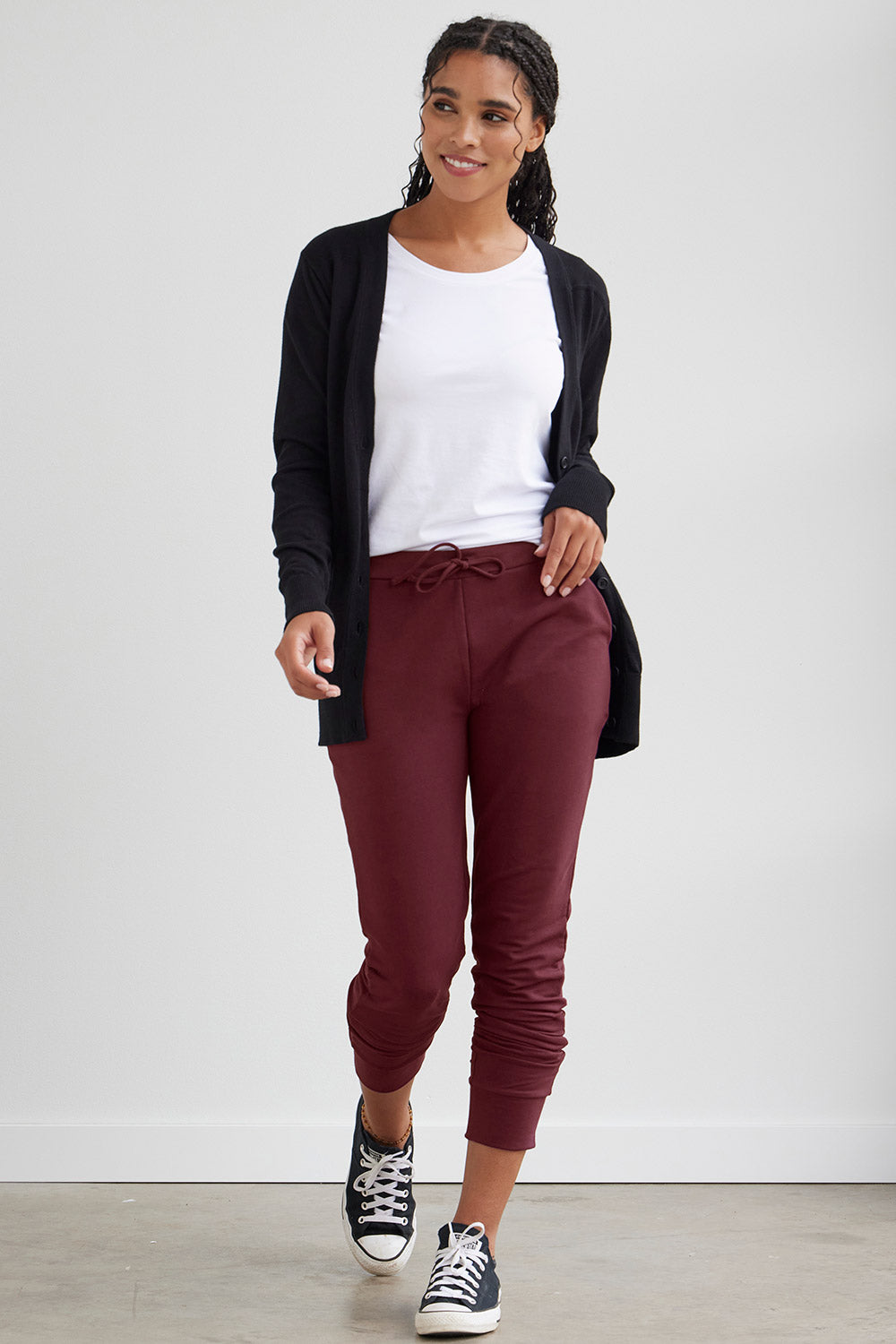 womens organic cotton joggers lounge pants - burgundy - fair indigo fair trade ethically made