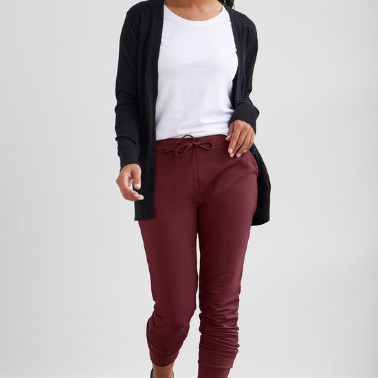 womens organic cotton joggers lounge pants - burgundy - fair indigo fair trade ethically made