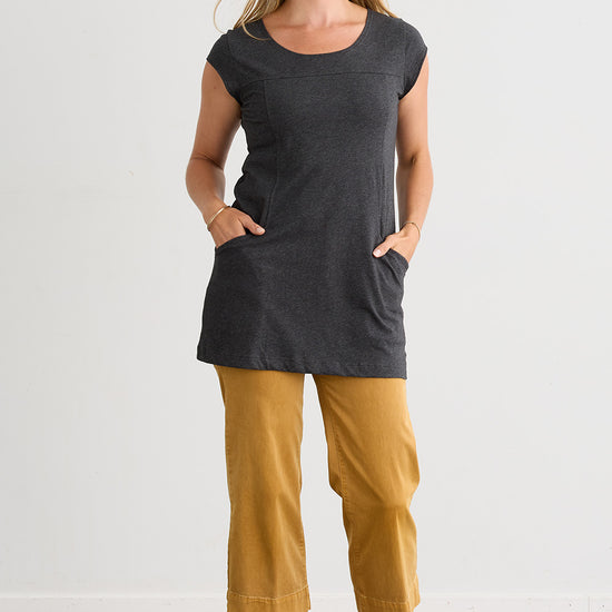 womens 100% organic cotton cap sleeve pocket tunic - dark charcoal heather grey - fair indigo - ethically made fair trade