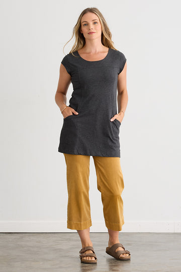 womens 100% organic cotton cap sleeve pocket tunic - dark charcoal heather grey - fair indigo - ethically made fair trade