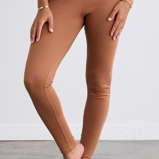 womens organic 100% cotton leggings (ankle) - cognac camel brown- fair indigo fair trade ethically made