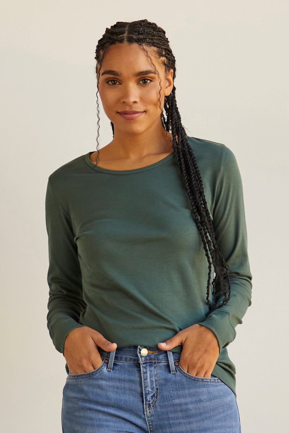 womens organic 100% cotton luxe long sleeve t-shirt - balsam green - fair indigo fair trade ethically made