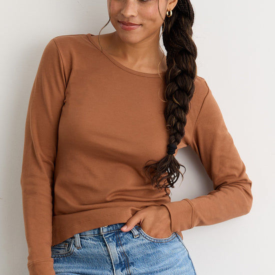 womens organic all-cotton interlock long sleeve tee - cognac camel brown - fair indigo fair trade ethically made
