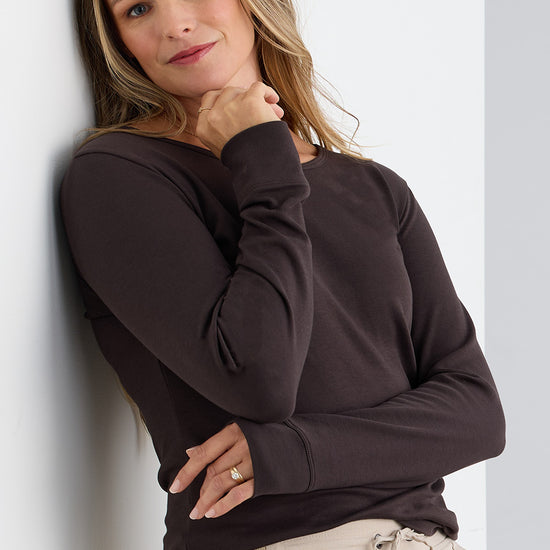 womens organic all-cotton interlock long sleeve tee - dark chocolate brown - fair indigo fair trade ethically made