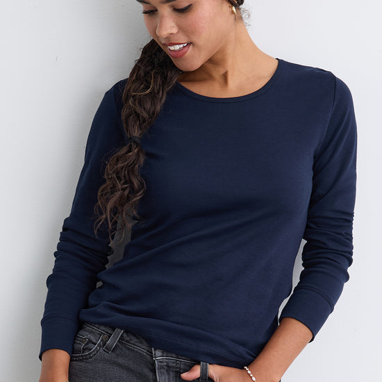 womens organic all-cotton interlock long sleeve tee - dark navy blue - fair indigo fair trade ethically made