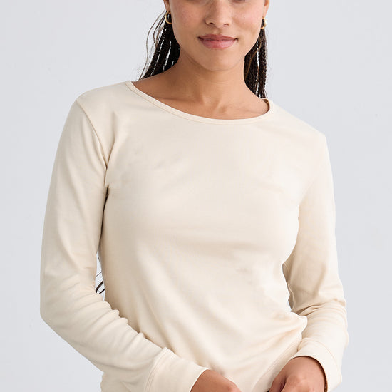 womens organic 100% cotton luxe long sleeve t-shirt - undyed natural beige - fair indigo fair trade ethically made