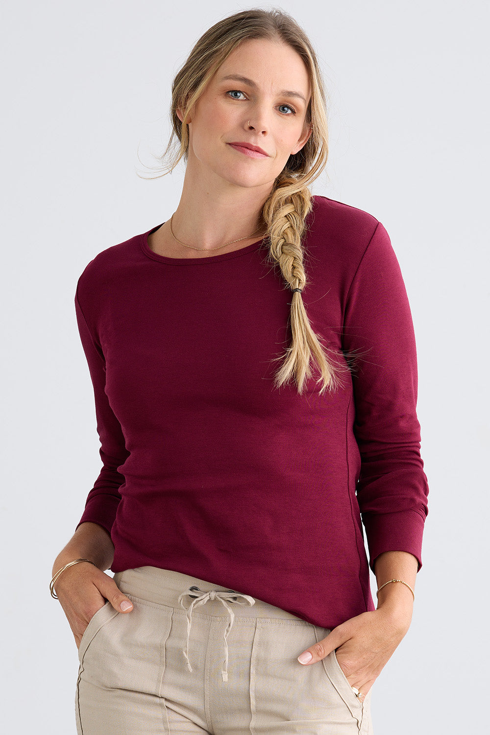 womens organic 100% cotton luxe long sleeve t-shirt - wine burgundy - fair indigo fair trade ethically made