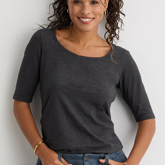womens organic half sleeve scoop neck tee - dark charcoal heather grey - fair indigo fair trade ethically made