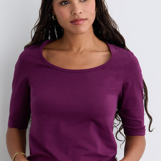womens organic half sleeve scoop neck tee - plum purple - fair indigo fair trade ethically made