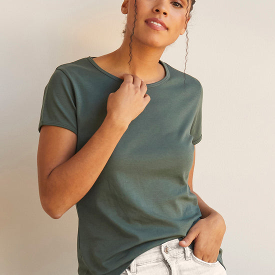 womens organic pima cotton jewel neck t-shirt - balsam green - fair indigo ethically made fair trade