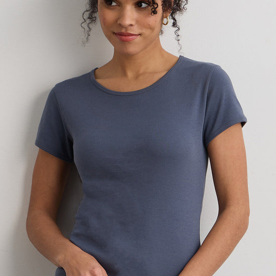 womens organic cotton jewel neck tee - slate blue - fair indigo ethically made fair trade