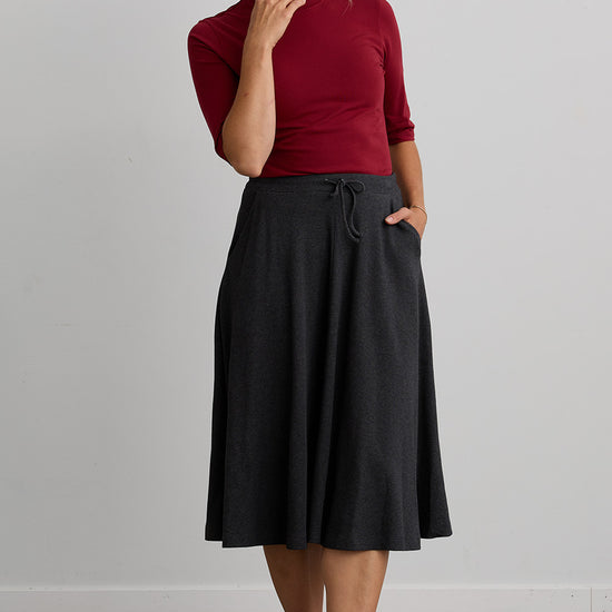 womens 100% organic cotton midi skirt with pockets - dark charcoal heather - fair indigo fair trade ethically made