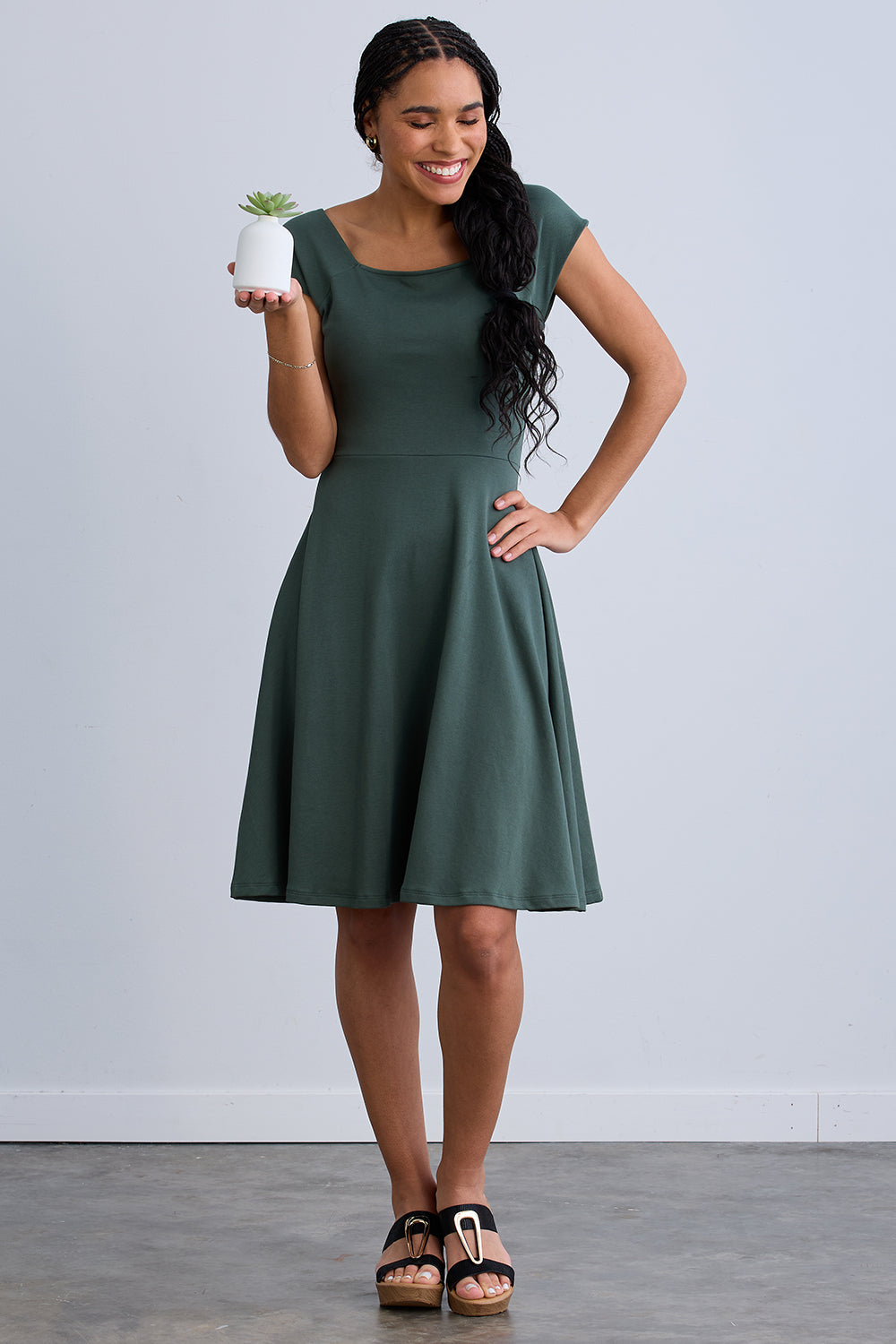 womens 100% organic cotton ballet neck dress - balsam green - fair indigo fair trade ethically made