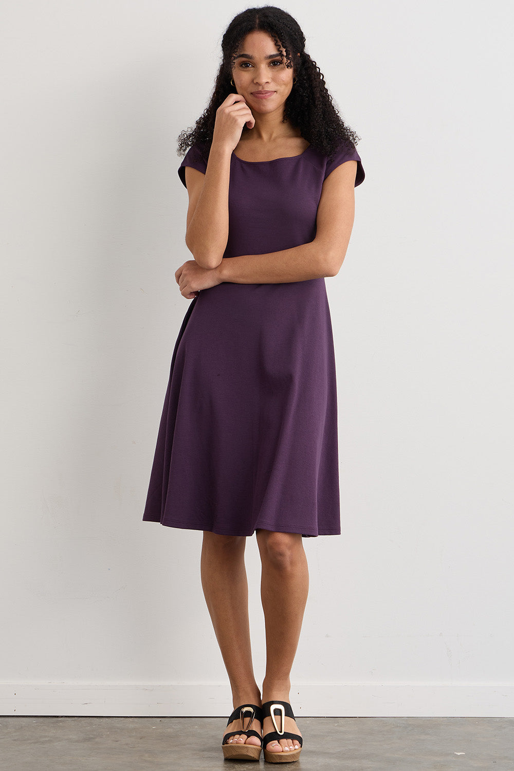 womens organic pima cotton ballet neck dress - eggplant purple - fair indigo fair trade ethically made