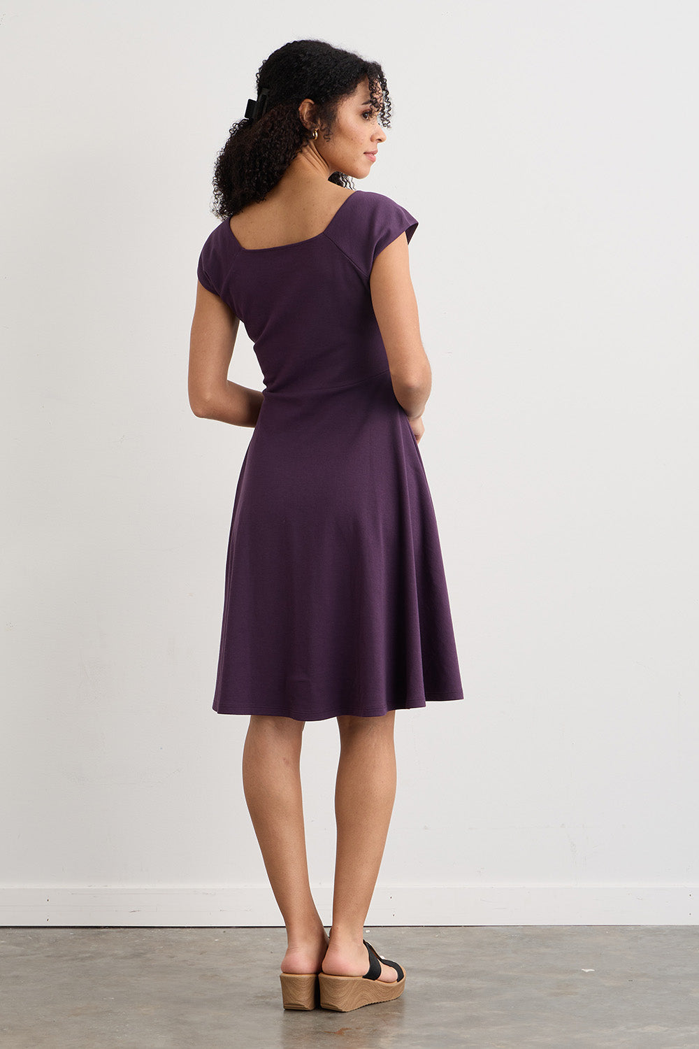 womens organic pima cotton ballet neck dress - eggplant purple - fair indigo fair trade ethically made