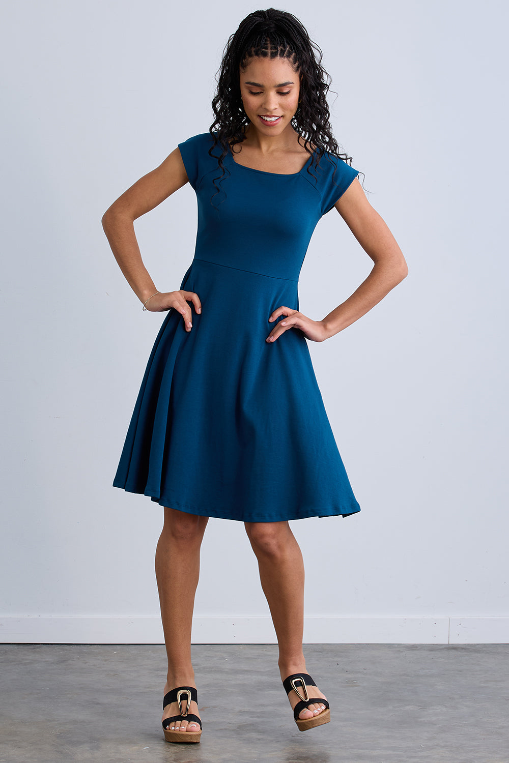 womens organic pima cotton ballet neck dress - peacock blue - fair indigo fair trade ethically made