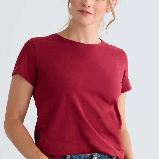 womens organic 100% cotton crew neck t-shirt - bonfire red - fair indigo fair trade ethically made