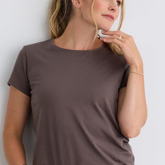 womens organic 100% cotton crew neck t-shirt - iron brown - fair indigo fair trade ethically made