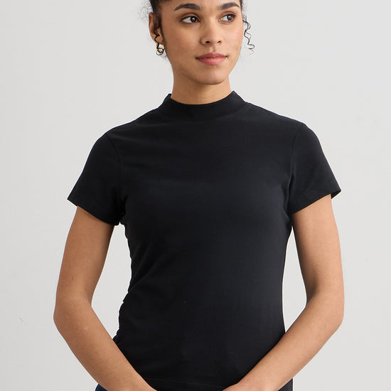 womens organic slim mock neck tee - black - fair indigo fair trade ethically made