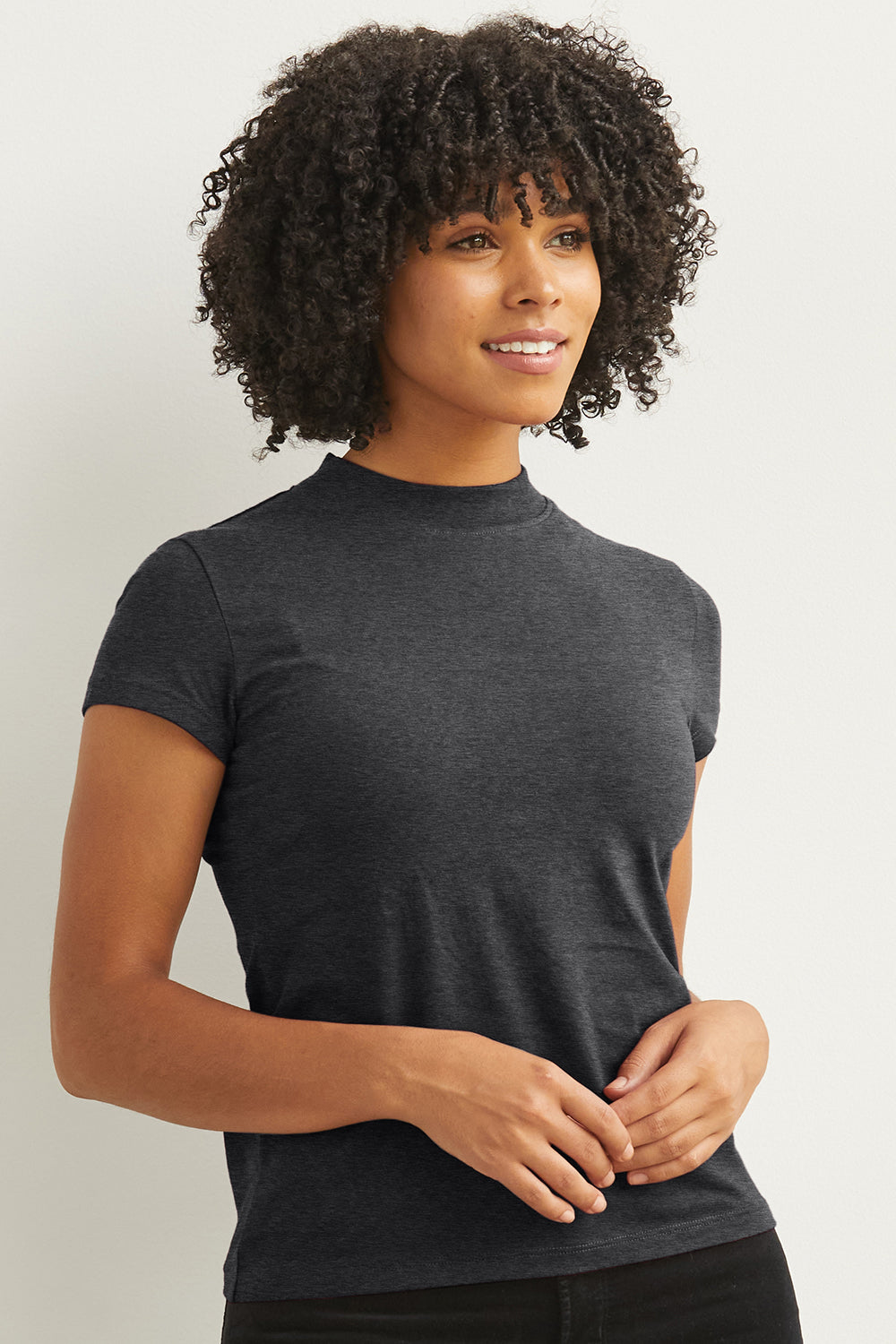 womens organic pima cotton slim fit mock neck tee - dark charcoal heather grey - fair indigo fair trade ethically made